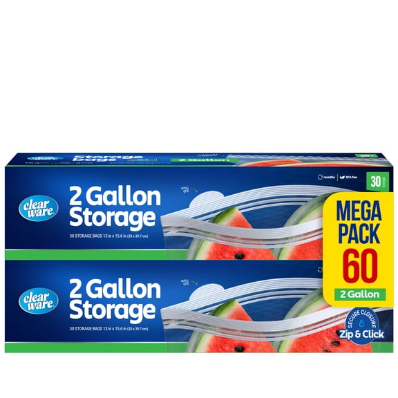 Clearware 2 Gallon Double Zipper Food Storage Bags, 60 Count, 2 Pack