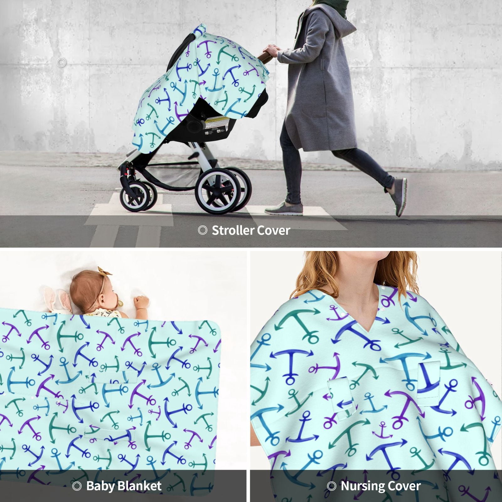 Car Seat Cover Baby - purple blue anchor green Breathable Infant Car Seat Cover for Baby Carseat, Lightweight Comfort Baby Essentials Must Haves Newborn Stuff for Girl Boy