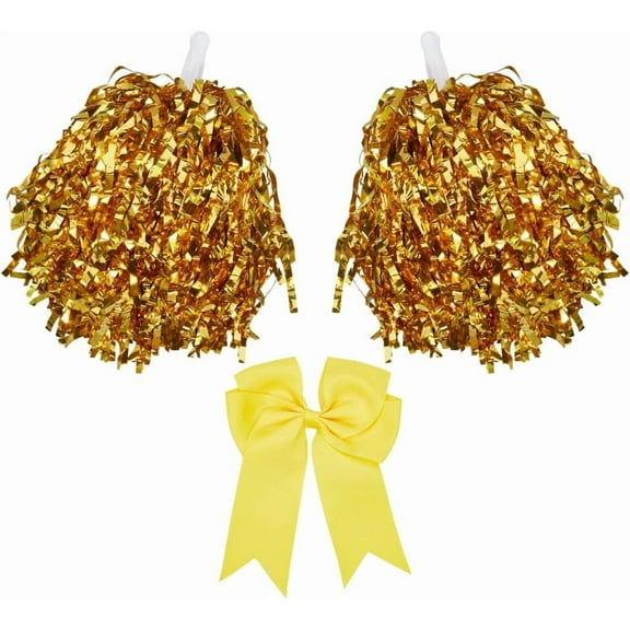 Cheerleading Pom Poms and Large Cheerleader Hair Bow Metallic Foil Pompoms Cheer for Sport Events Cheering Squad Dance Rooters Accessories Adults Team Football Baseball Softball Yellow