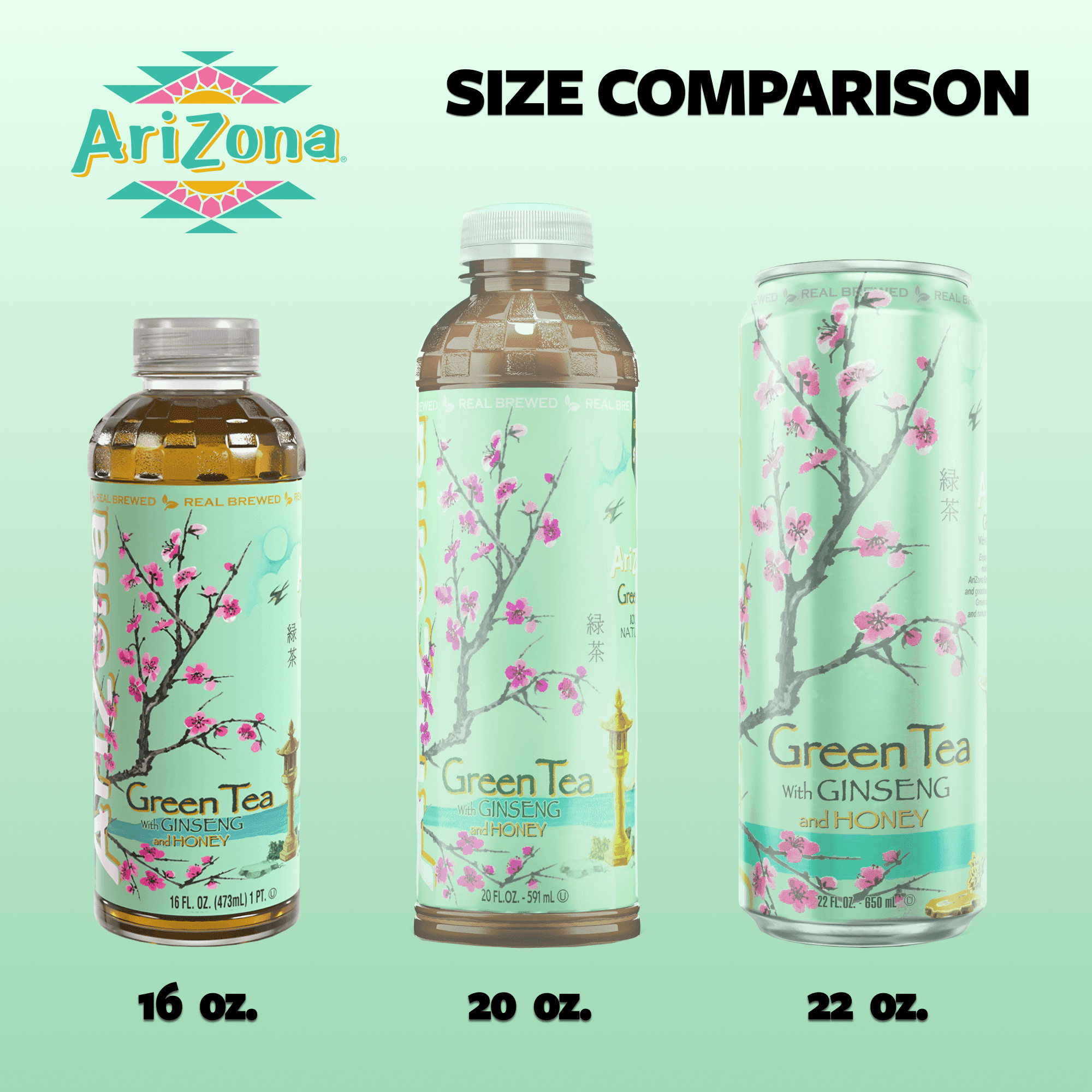 AriZona, Green Tea with Ginseng and Honey, 16 Fl Oz, Pack of 12