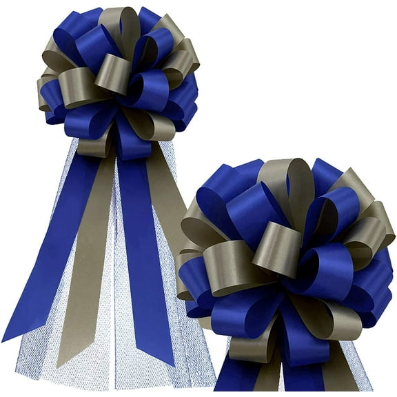 Royal Blue & Silver Pull Bows with Tulle Tails - 8" Wide, Set of 6, Wedding Pew Bows, Reception