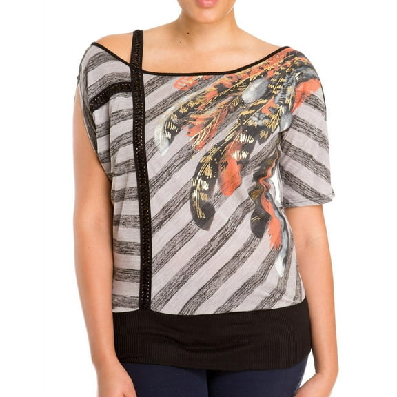 eVogues Plus Size Designer Print Off Shoulder Top Gray
