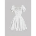 thumbnail image 2 of White Womens Elegant Solid Color Front Tie Ruffle Hem Dress With Puffed Sleeves, 2 of 5