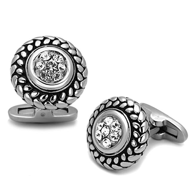 Men High Polished Stainless Steel Cufflink with Top Grade Crystal in Clear