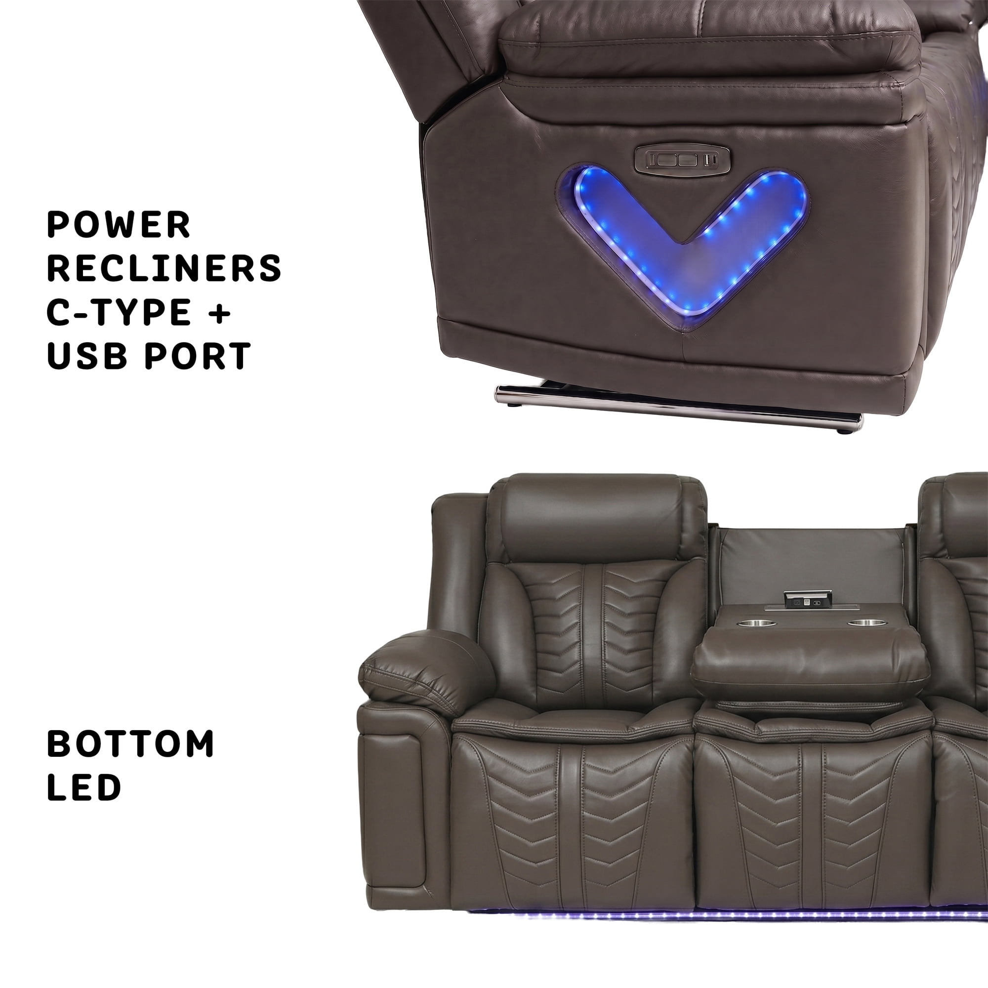 Electra Luxury 2-Piece Power Reclining Living Room Set - Dark Brown Faux Leather Motion Sofa and Loveseat with LED Lighting, Bluetooth Speakers, Drop-Down Table, and Wireless Charging