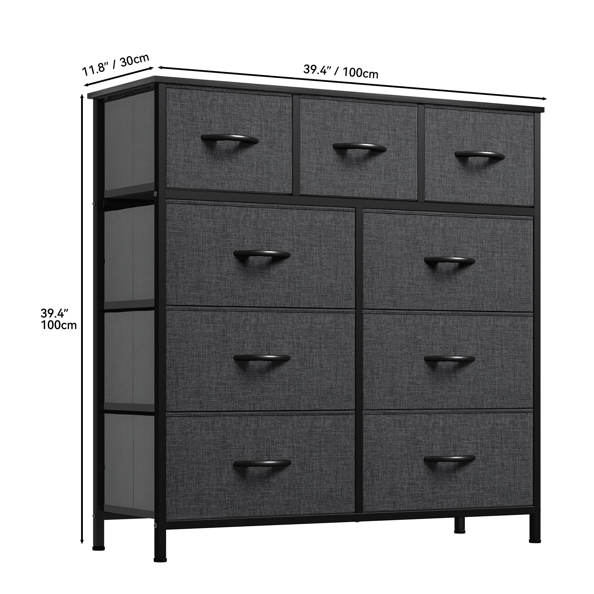 Uforic 9 Drawer Fabric Storage Dresser with Steel Frame for , Living Areas, Hallways, Closets, and Offices, Black Gray