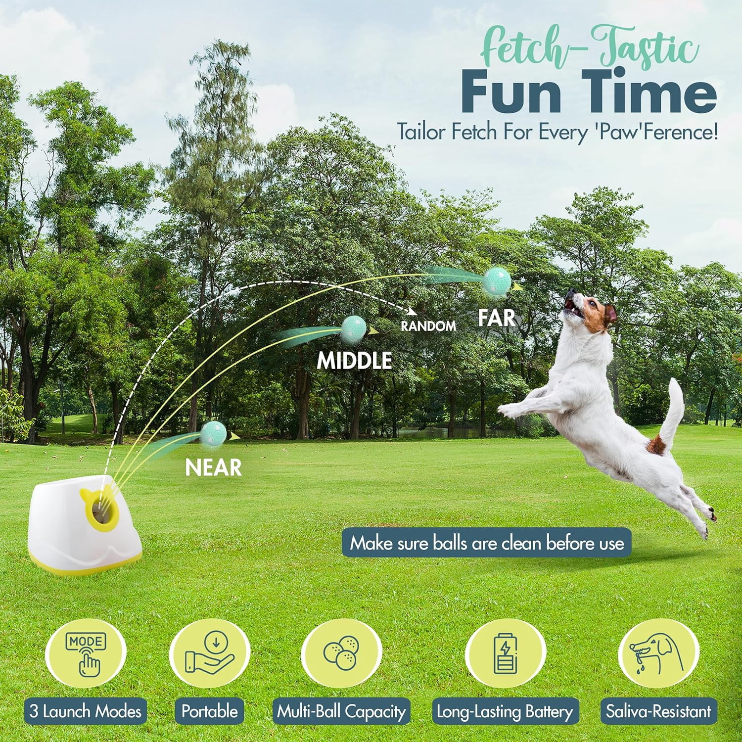 Automatic Dog Ball Launcher - Dog Ball Fetch Machine, Ball Thrower for Dogs, for Small to Medium Sized Dogs, Interactive Dog Toy with 6 Latex Balls, Plug-in & Battery Options - 4 Launch Distances