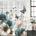 thumbnail image 2 of Teal Tulip Butterfly Shower Curtain, Waterproof Shower Curtains for Bathroom, Beige Turquoise Floral Grey Wooden Washable Fabric Bathtub Curtain Set Bath Decor with 12 Hooks Standard 72"x72", 2 of 8