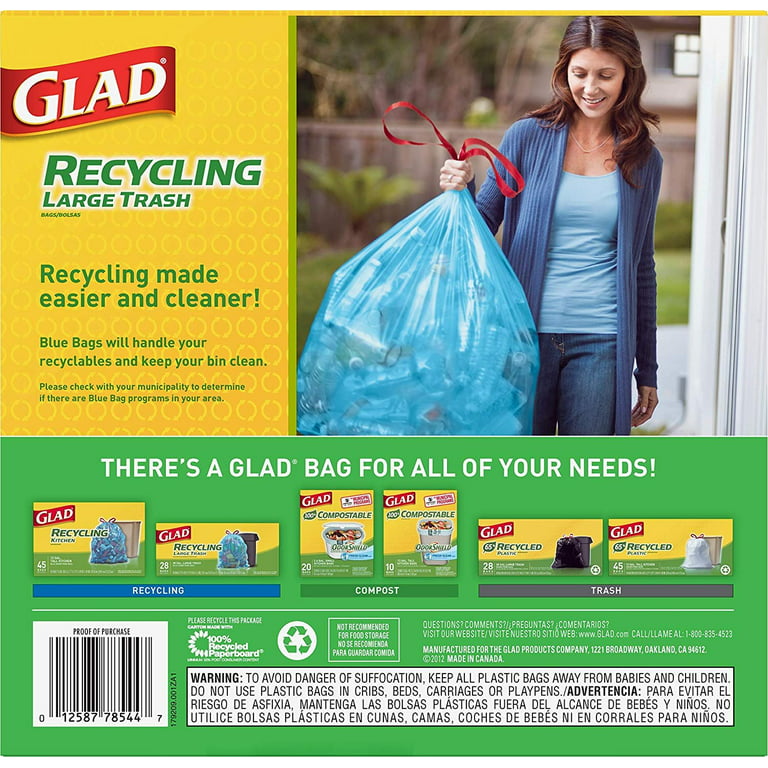 Glad Large Drawstring Recycling Bags - 30 Gallon Blue Trash Bag - 28 Count  