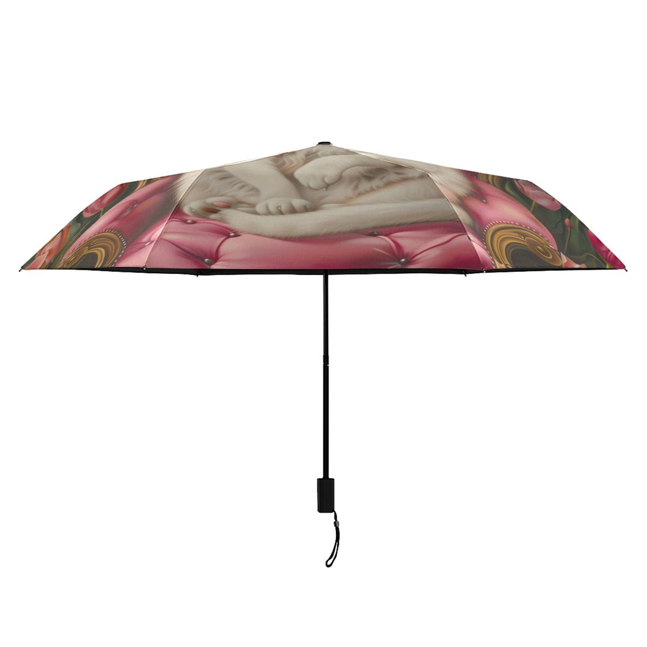 Compact Sun Umbrella Windproof Travel Umbrellas for Rain Strong Portable UV Protection Elegant Cat and Tulip Flower