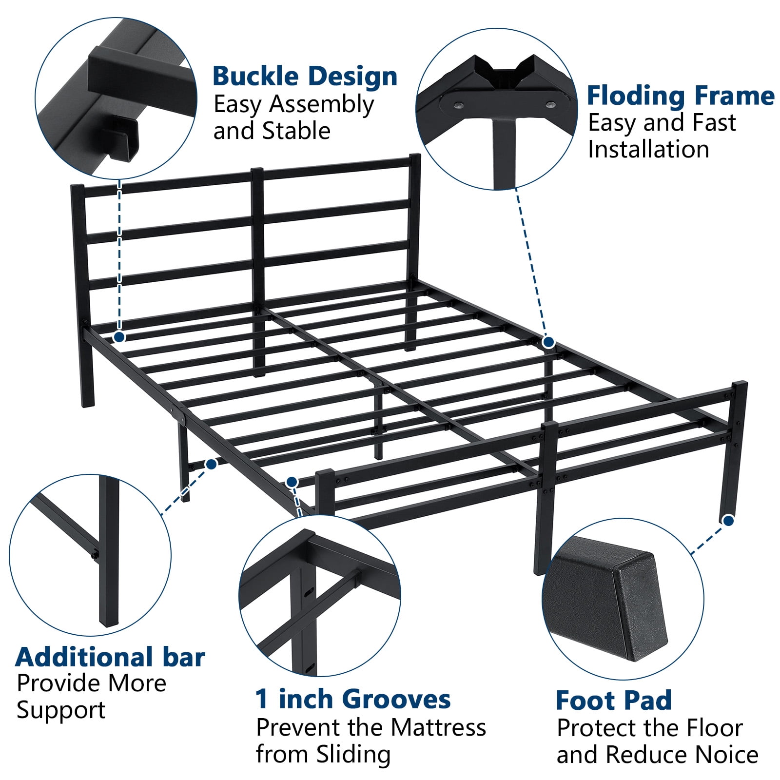 Lusimo Full Size Bed Frame with Headboard No Box Spring Needed 14 inch Full Metal Platform Bed Frame Easy Assembly Anti-Slip, Black