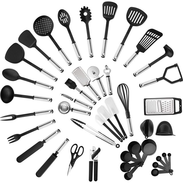 Klee Deluxe 42-Piece Heat-Resistant Stainless Steel and Nylon Kitchen Utensil Set, (Black)