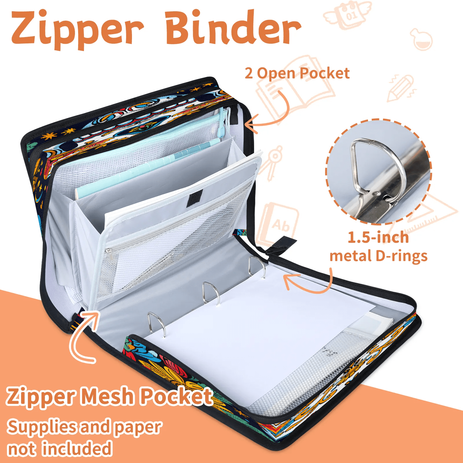 Herdesigns Sugar Skull Gothic Halloween Zipper Binder with Shoulder Strap, Waterproof 1.5 Inch 3 D-Ring Binder Organizer Bag, Fits 13 Inch Laptop for Work,