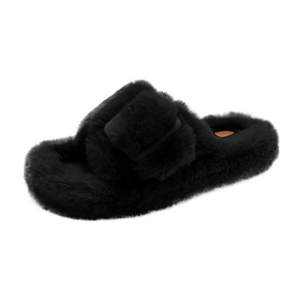 Xfvqtps Fuzzy Slippers for Women Fake Fur Open Toe Soft Sole Slide House Slippers for Indoor Bedroom Furry Slipper for Fall Winter Black