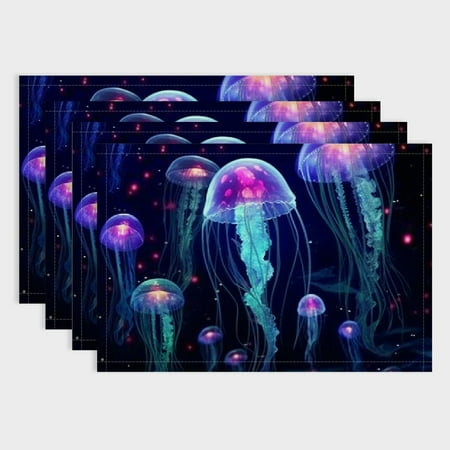 

Fenyluxe Jellyfish Bioluminescence Stars Placemat Set Linen Table Mats for Birthday Parties Christmas Restaurants Buffets Home Decoration 4pcs 18x12in