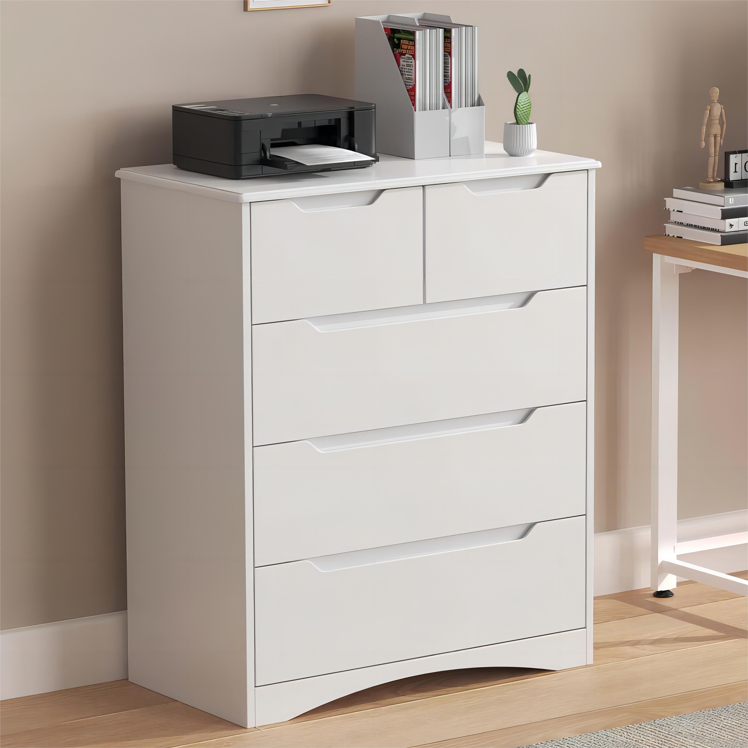 Dresser, Lofka 5 Drawer Dresser for Bedroom with Cutout Handle and Wooden Board, White