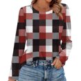 thumbnail image 2 of Nokdvo Sweatshirt Womens Lightweight Plaid Crewneck Pullover Long Sleeve Casual Loose Fit T Shirts,Wine S, 2 of 5