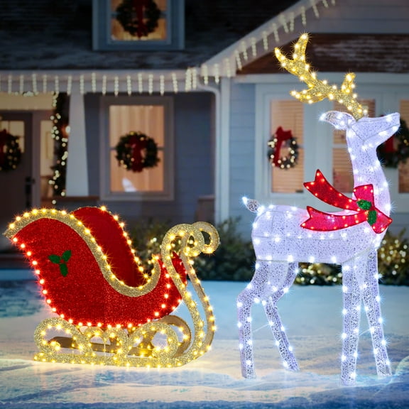 UBesGoo 5FT Outdoor Yard Decoration Set Christmas Reindeer and Sleigh with LED Light