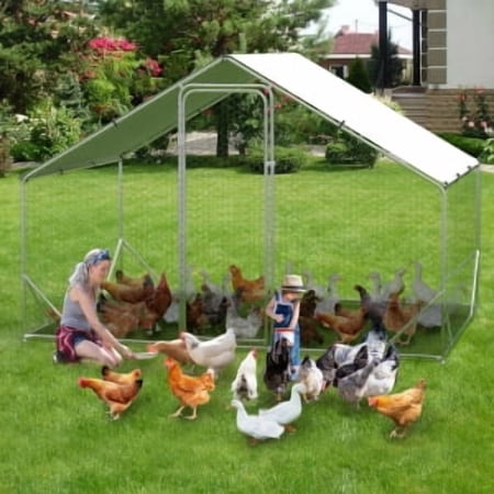 Large Metal Chicken Coop Large Chicken Coop Run with Anti-UV Waterproof Cover Spire Roof Walk in Poultry Cage Outdoor Chicken Pen for Backyard and Farm Use