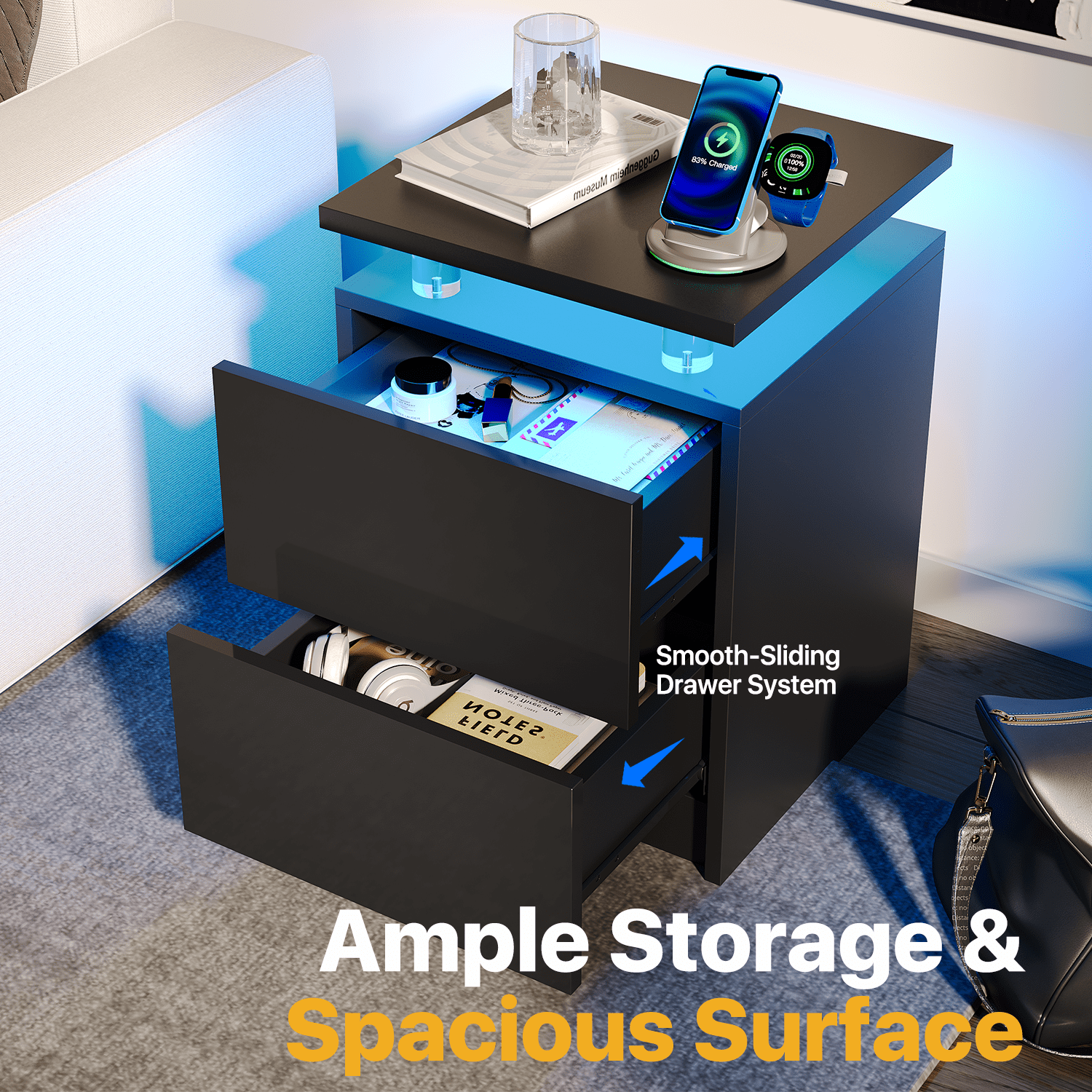 Sonegra Nightstand Set of 2, LED End Table with 2 Storage Drawers, Sofa Side Table for Living Room and Bedroom, Black 15IN