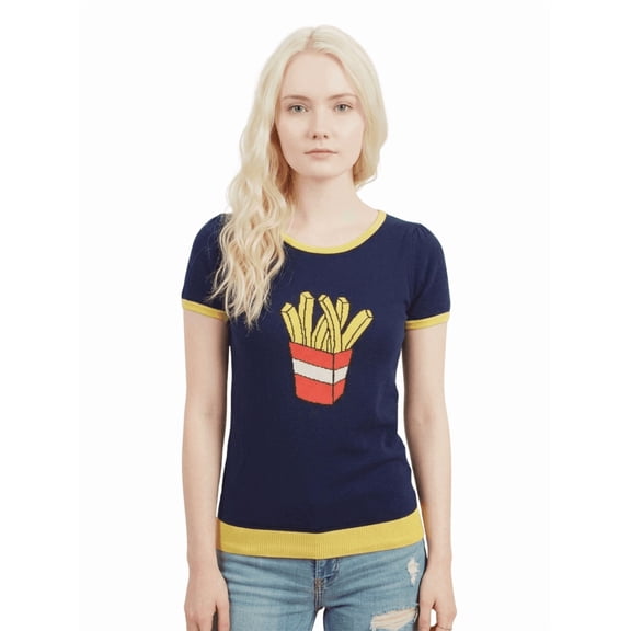 YEMAK Women's Short Sleeve Crewneck French Fries Print Casual T-Shirt Sweater MK32002-NAVY-M