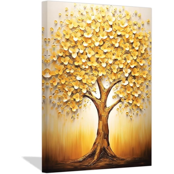 ZHONGYUTONG Abstract Big Tree Canvas Wall Art Golden Yellow Flowers Tree Oil Painting Prints Modern Plant Artwork Home Decor Ready to Hang (12.00" x 18.00")