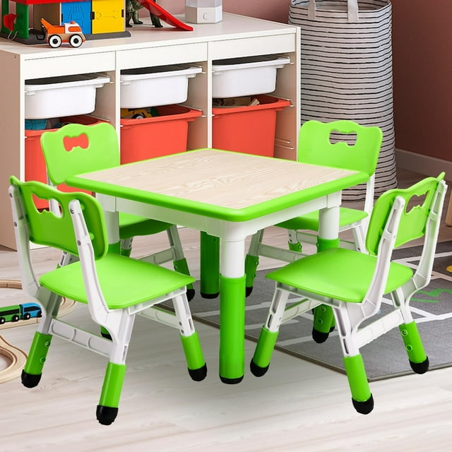 QinaQin Mesa infantil con sillas, superficie tipo graffiti de plástico, juego ajustable en altura para niños de 3 a 10 años, ideal para dibujo, tareas y actividades