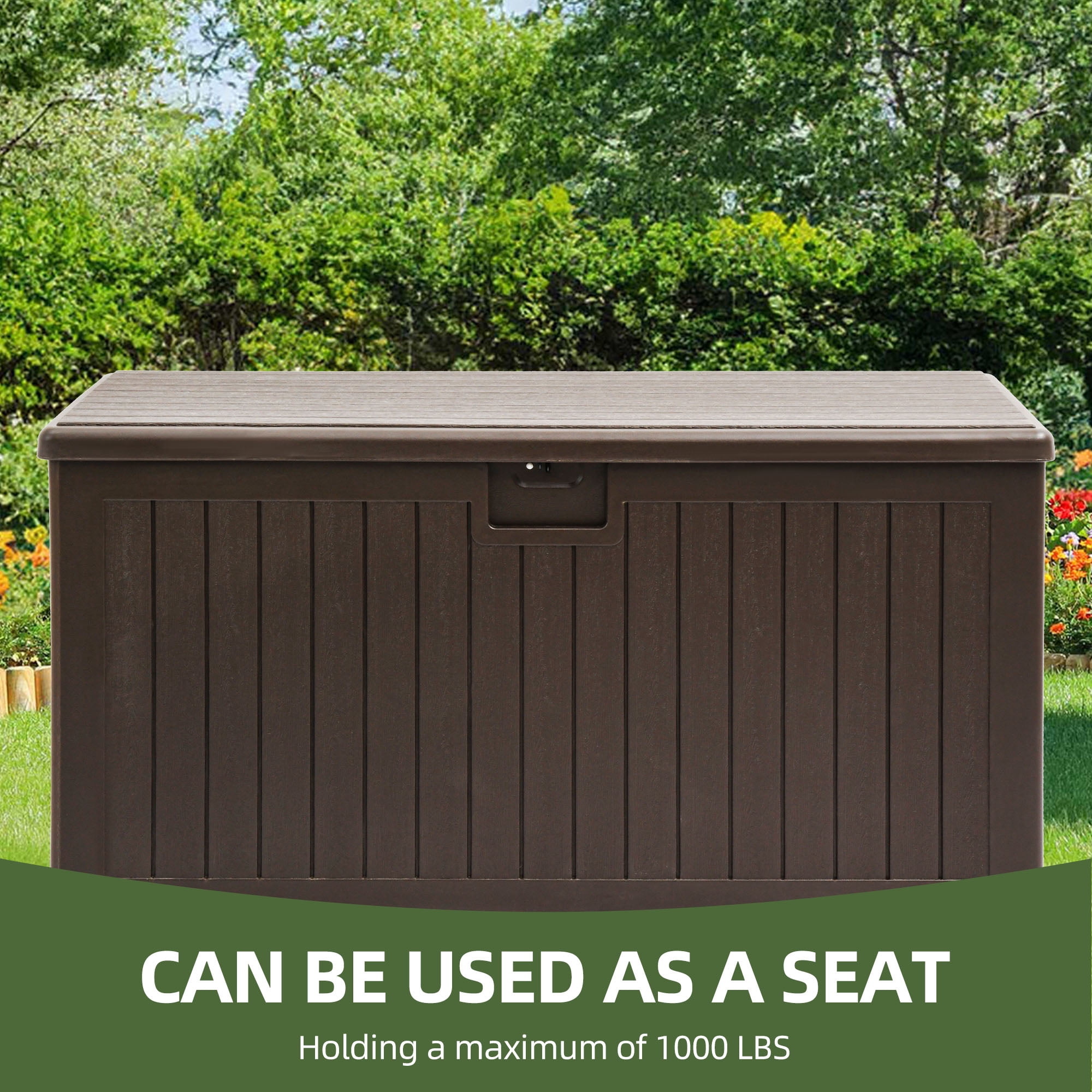 Uforic 150 Gallon Large Outdoor Deck Box, Double-Wall Resin Storage Box with Side Handles, Waterproof & Lockable,Brown