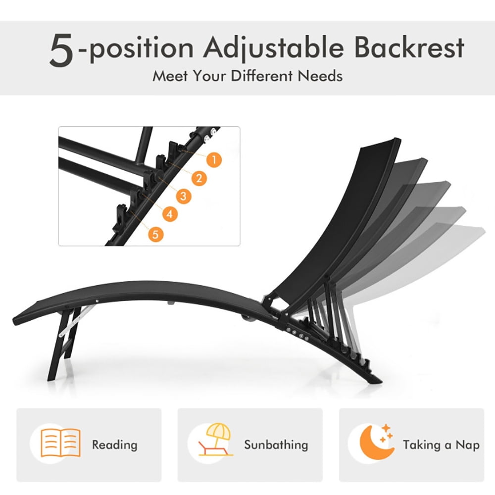 Aimee Lii 2 Pieces Patio Folding and Stackable Chaise Lounge Chair with 5-Position Adjustment, Patio Loungers, Black Aimee Lii 2 Pieces Patio Folding and Stackable Chaise Lounge Chair with 5-Position Adjustment, Patio Loungers, Black