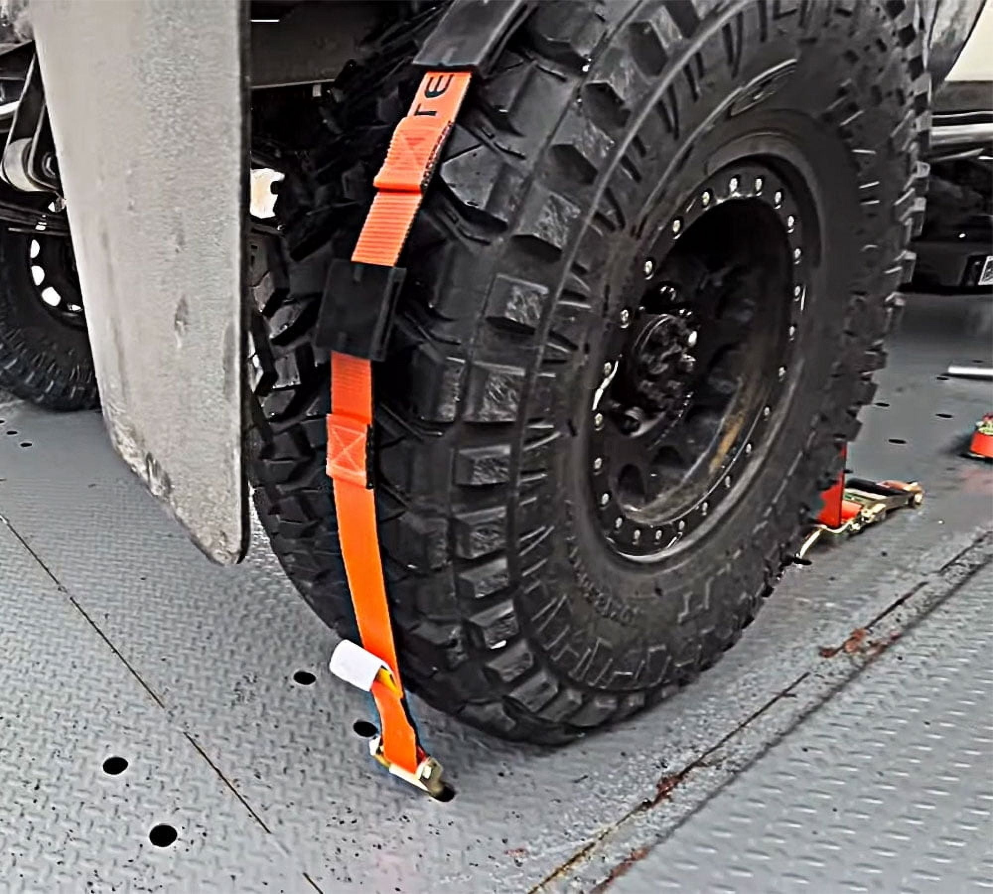 4 Pack 2"x9' Over The Wheel Tire Straps w/ Ratchet, Swivel J Hook & Rubber Blocks -  3,333 LBS WLL High Abrasion Orange Webbing - Towing Tie Down Strap for Auto Car Hauler, Truck Bed