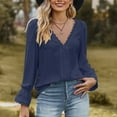 thumbnail image 3 of tklpehg Womens Fall Tops V-Neck Lace Elegant Shirts Long Sleeve Tops Womens Clothes Leisure Fall Clothes Solid Color Comfortable Going Out Tops Pullover Navy S, 3 of 6