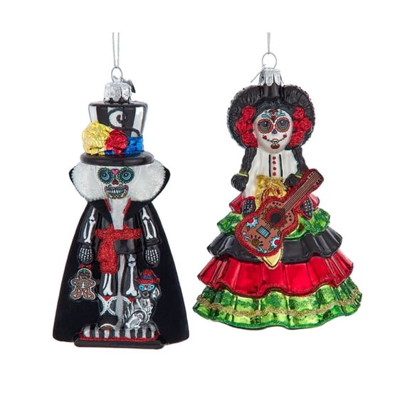 Kurt Adler Noble Gems Glass Day Of The Dead Girl & Boy Ornaments, Assorted (Pack of 2)