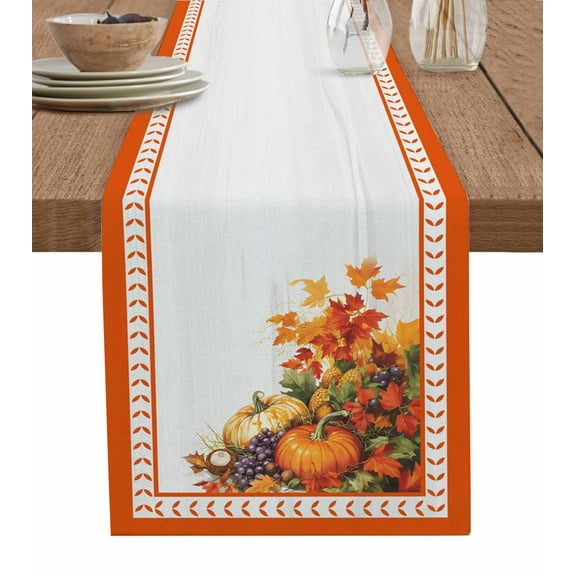 Orange Pumpkins Fall Burlap-Cotton Table Runner 90 Inches Long,Thanksgiving Maple Leaf Fruits Farmhouse Table Runners,Outdoor Dining Tablecloths Decor for Baby Shower Party Wedding 13x90