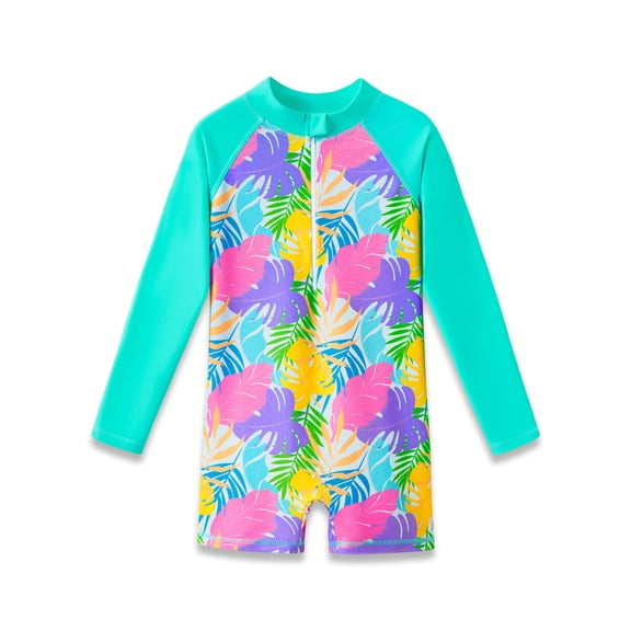 Serdomi Toddler One Piece Rash Guard Swimsuits Long Sleeve with Zipper Front Tropical Leaves Bathing Suit Size 10