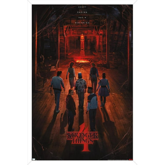 Netflix Stranger Things : Saison 4 - Affiche Murale Teaser « Creel House » en une Feuille avec Punaises, 22,375 Po x 34 Po Montrant Sept Personnages Marchant vers un Grand-Père Lumineux avec une Horloge dans un Grenier Sombre avec des Planchers en Bois et des Toiles d'Araignée, Illuminée par une Lumière Rouge, avec la phrase « Every ending has a beginning » au-Dessus et le logo Stranger Things 4 en Dessous, Idéale pour Décorer des Chambres, des B