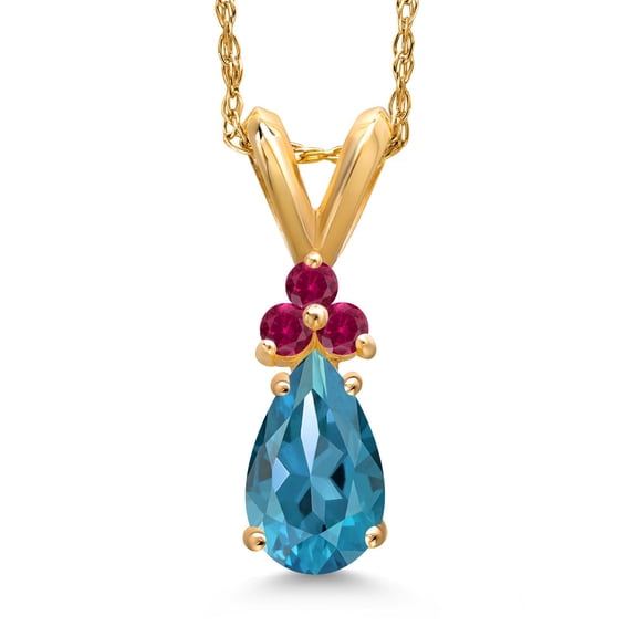 Gem Stone King 14K Yellow Gold London Blue Topaz and Red Created Ruby Pendant Necklace for Women | 0.83 Cttw | Gemstone November Birthstone | Pear Shape 7X5MM | With 18 inch Chain