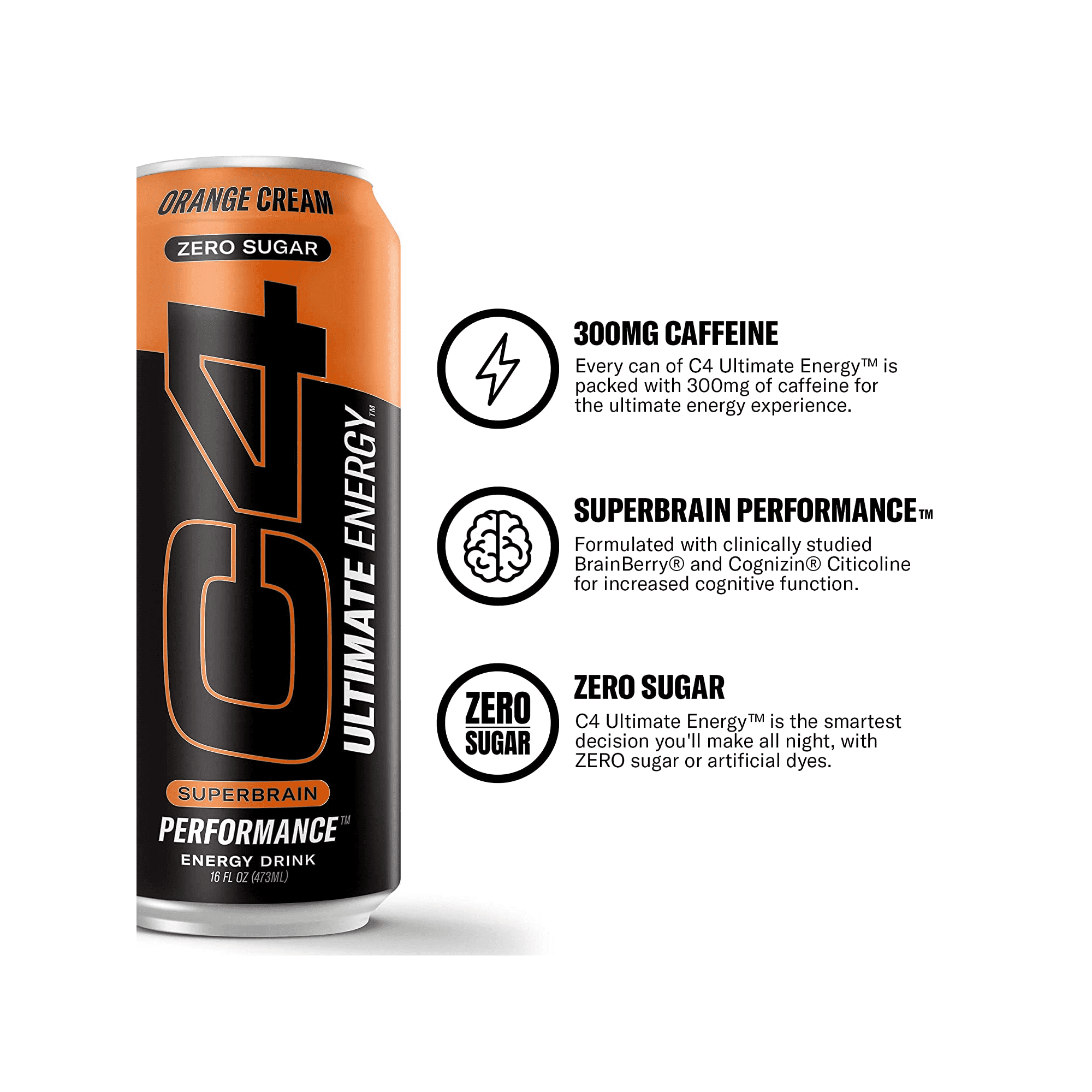C4U Ultimate Energy Orange Cream, 12 pack of 16oz Cans