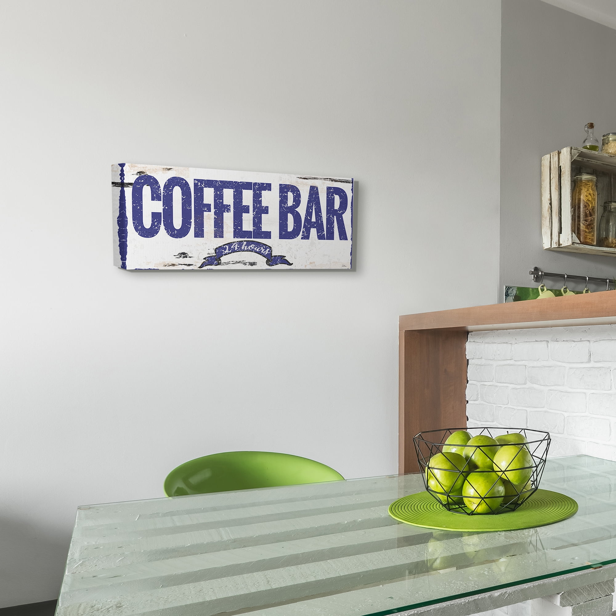 The Stupell Home Decor Collection Blue and White Rustic Coffee Bar 24 Hours Sign with Ribbon Stretched Canvas Wall Art, 10 x 1.5 x 24