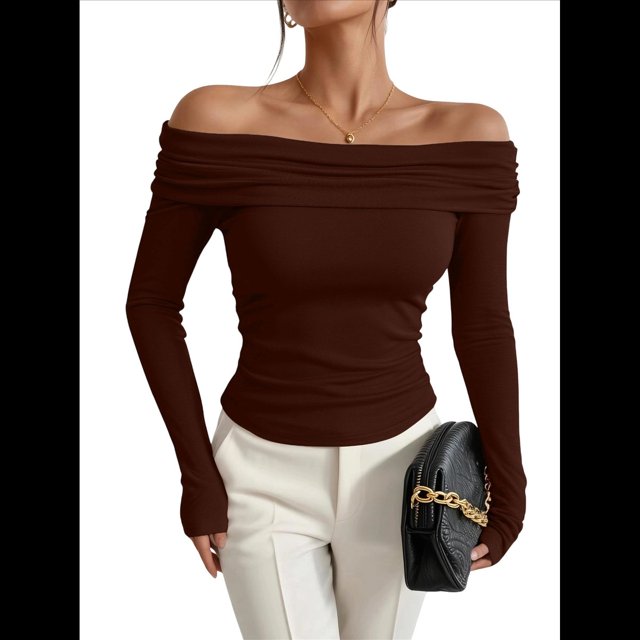 Blusas Elegantes Informales con Hombros Descubiertos para Mujer, de Corte Entallado, de Larga, para Salir en y Otoño. Color Café M