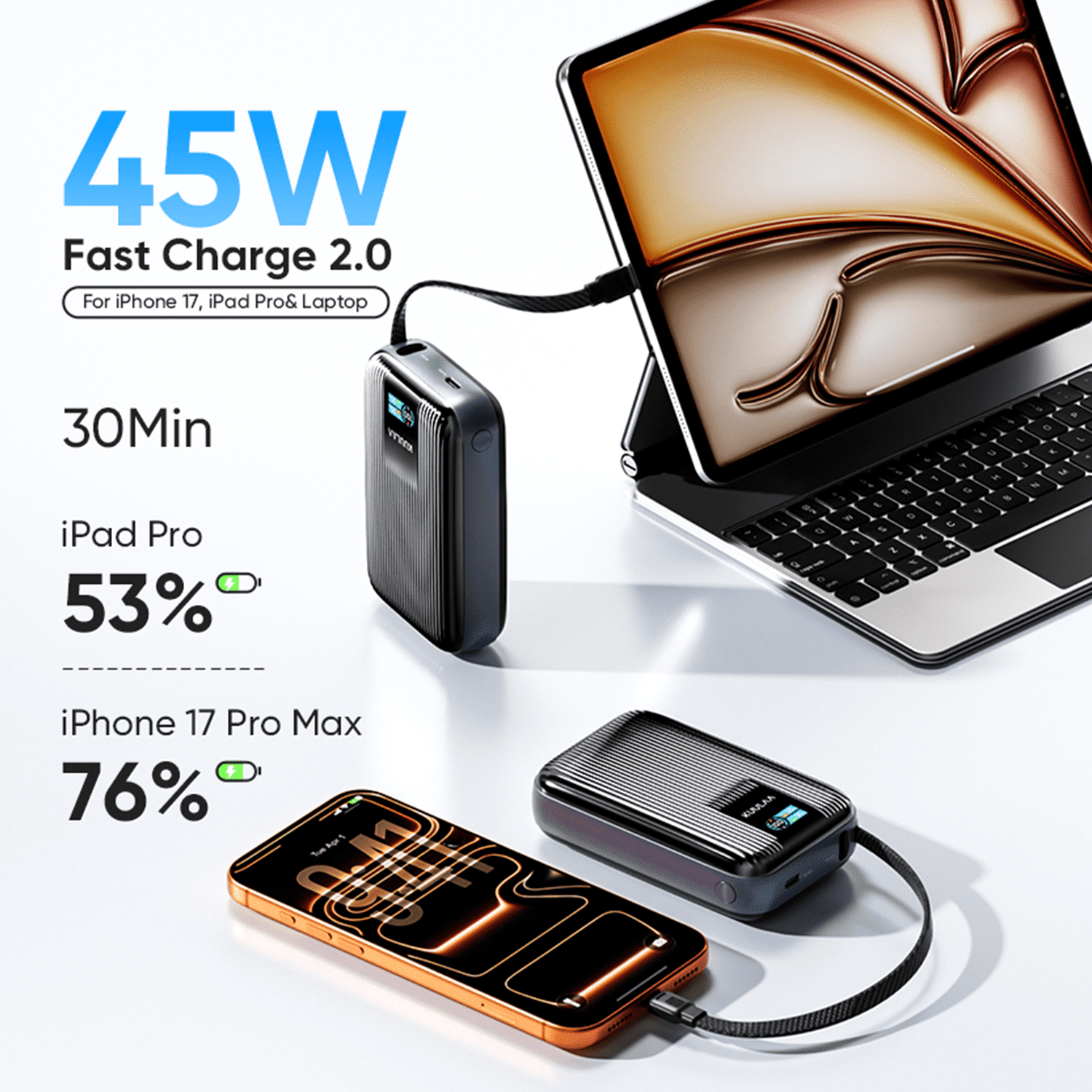 Kuulaa 20000mAh 45W Power Bank with Built-in Cable & Smart Display, Fast Charger Compatible for iPhone 17/16/15/14, Samsung, iPad, Laptop