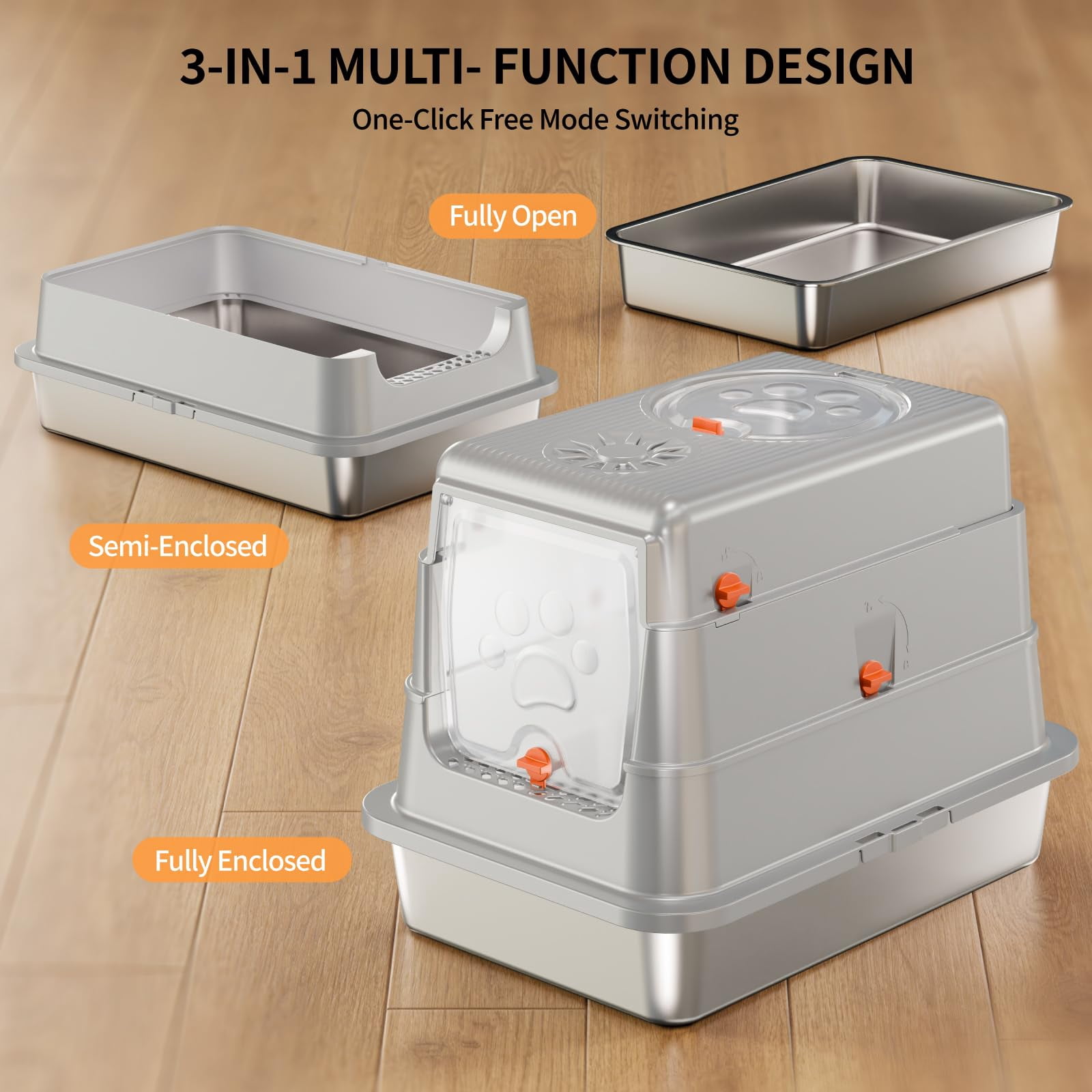 Stainless Steel Litter Box With Lid  Medium Enclosed Tray High Sided Grey