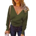 thumbnail image 1 of Suéter con cuello en V para mujer, diseño cruzado, costura de encaje, manga larga, Top de punto, suéter suelto para Otoño Invierno, 1 of 8