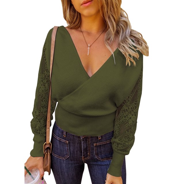 Suéter con cuello en V para mujer, diseño cruzado, costura de encaje, manga larga, Top de punto, suéter suelto para Otoño Invierno