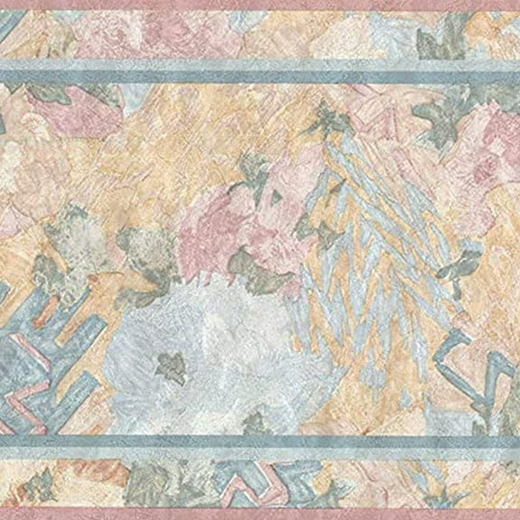 Concord Wallcoverings Wallpaper Border Abstract Floral Pattern for Living Room Bedroom, Colors Light Blue Red Green Beige, Size 6.75 Inches by 15 Feet 364351