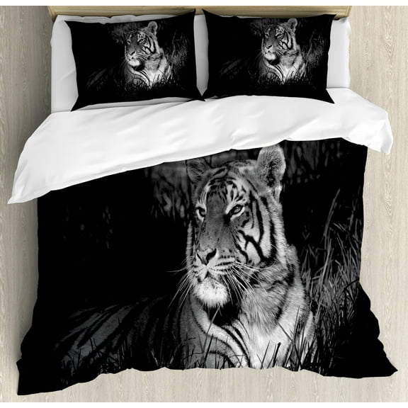 Black and White Duvet Cover Set King Size, Bengal Tiger Lying in the Grass Africa Savannah Monochrome Image Print, Decorative 3 Piece Bedding Set with 2 Pillow Shams, Black White, by Ambesonne