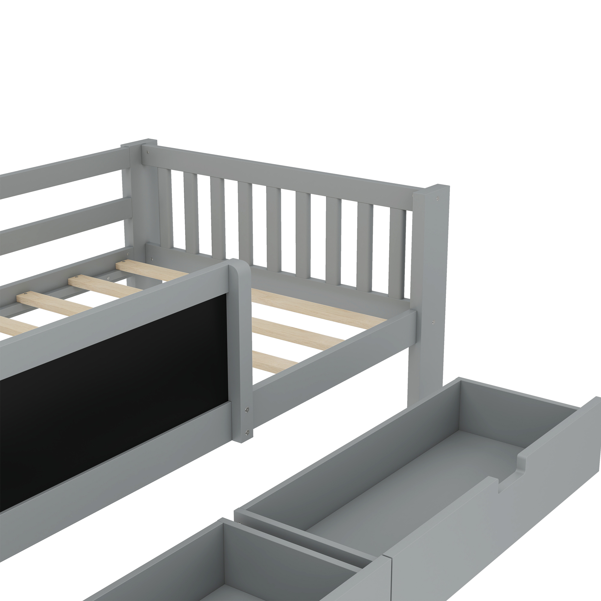 Yoneston Kids Twin Platform Bed with Storage Headboard and Chalkboard, Wood Platform Storage Bed with 2 Drawers & 4 Shelves for Boys Girls, Gray