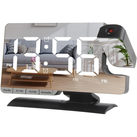 Projection Alarm Clock 7.3-Inch LED Digital Clock with 180° Rotating Projector Dual USB Charging Ports Auto Dimming, Dual Alarm Bedroom Decor for Teenagers Adults Seniors(Black)