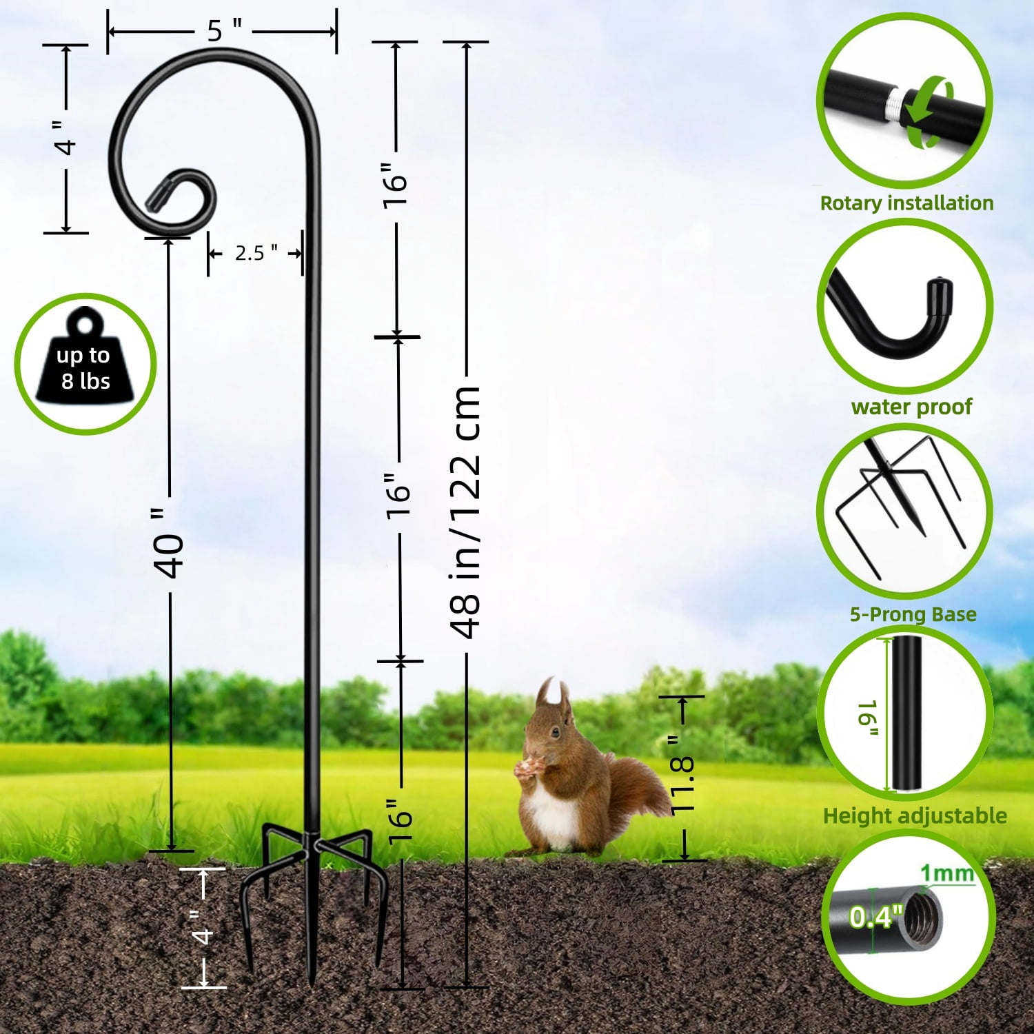 2 Pack 48 Inch Shepherds Hooks for Outdoor, Heavy Duty Bird Feeder Pole with 5 Prong Base, Adjustable Shepherds Hook for Hummingbird Feeder, Lanterns, Plants, Wedding Decor