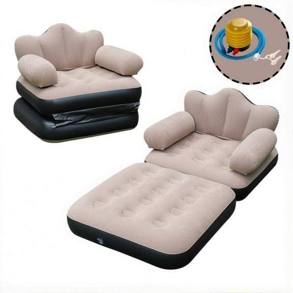 HQinX Inflatable Sofa Bed, Foldable Thickened Flocked PVC Blow Up Sofa, 5-in-1 Air Couch Mattress For Camping (5" Pump Included)