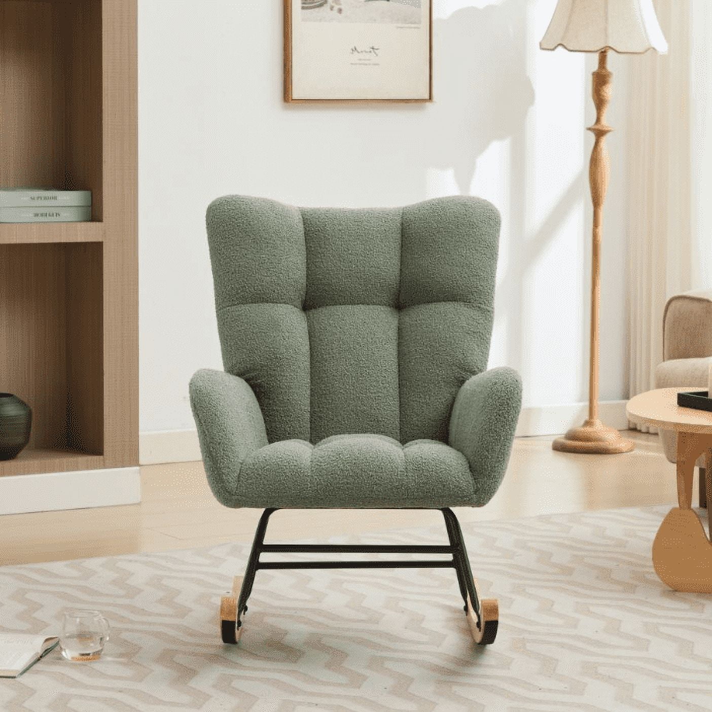 BISHE Modern Nursery Rocking Chair Upholstered Glider Chair with High Backrest Rocker Accent Armchair with Solid Wood Legs for Nursery Bedroom Living Room Teddy, Green